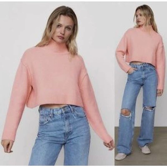 ZARA Cropped Turtleneck Sweater Alpaca Wool Blend Fuzzy Chunky Knit, Pink - Picture 3 of 13